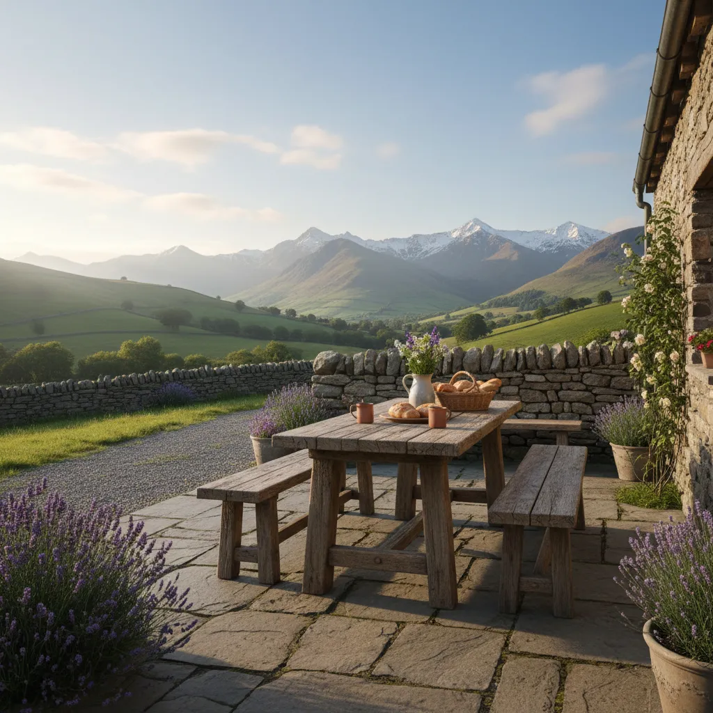 Fotografía luminosa de una casa rural con terraza y paisaje natural