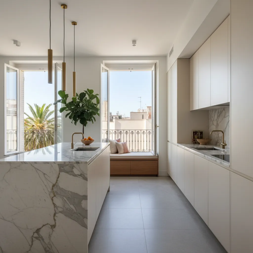 Cocina moderna fotografiada con luz natural en un apartamento de Barcelona