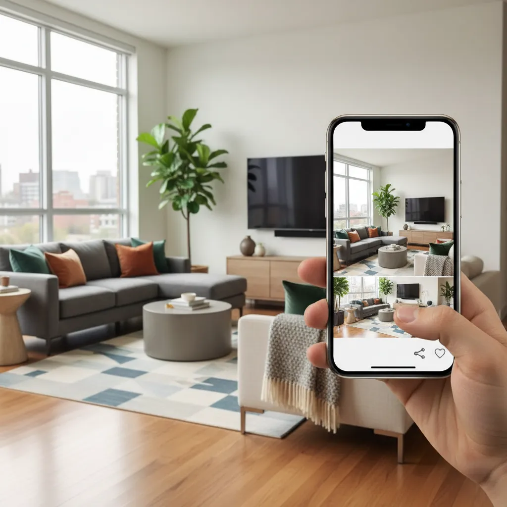 Persona revisando fotos de decoración en un móvil antes de publicarlas