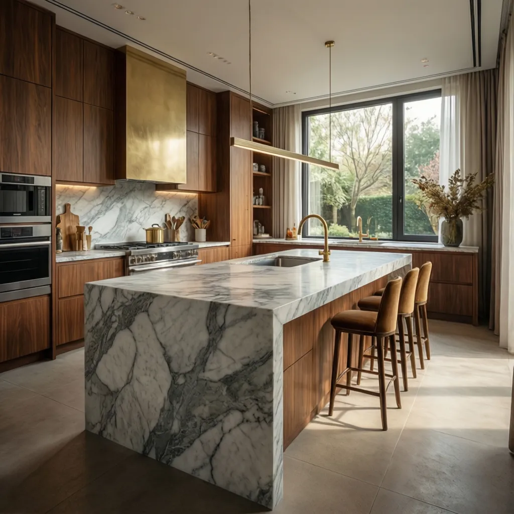 Cocina moderna de diseño premium fotografiada con iluminación equilibrada