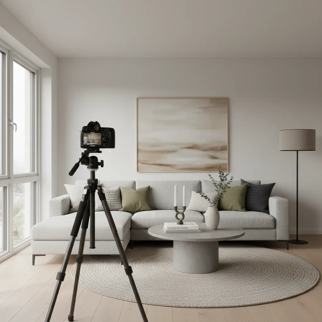 Sala de estar elegante preparada para sesión de fotos de interiorismo