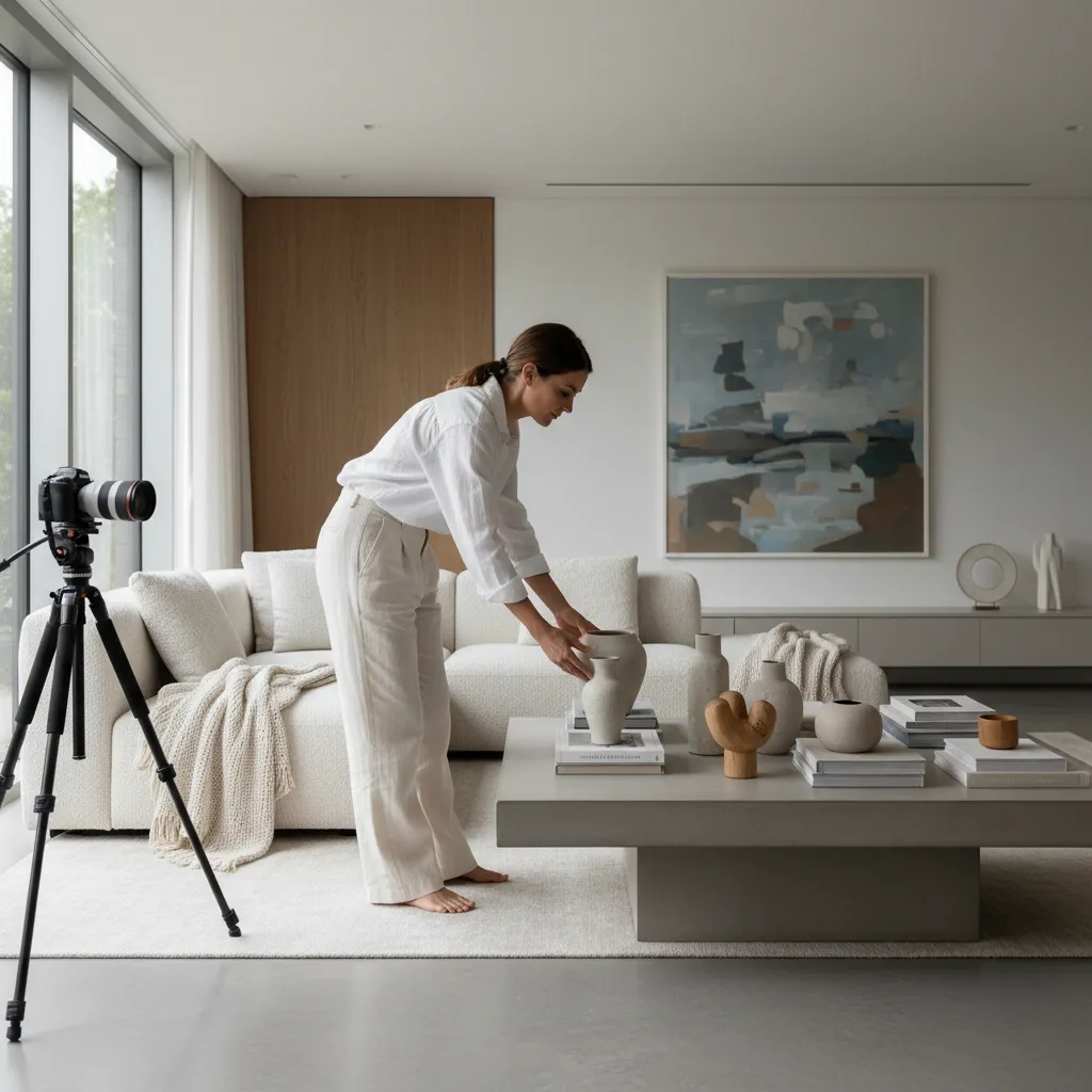 Diseñador de interiores preparando un salón antes de una sesión de fotografía
