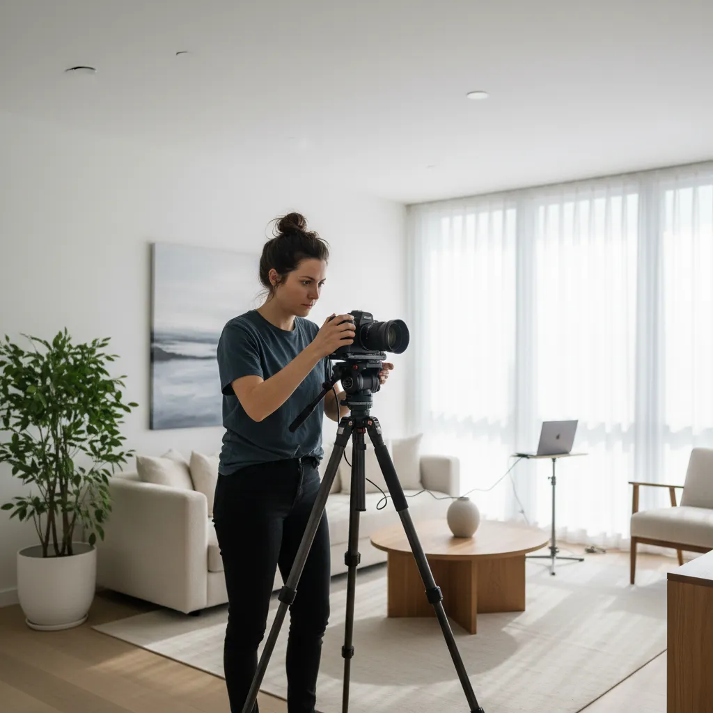 Fotógrafo profesional ajustando cámara en trípode dentro de un apartamento moderno