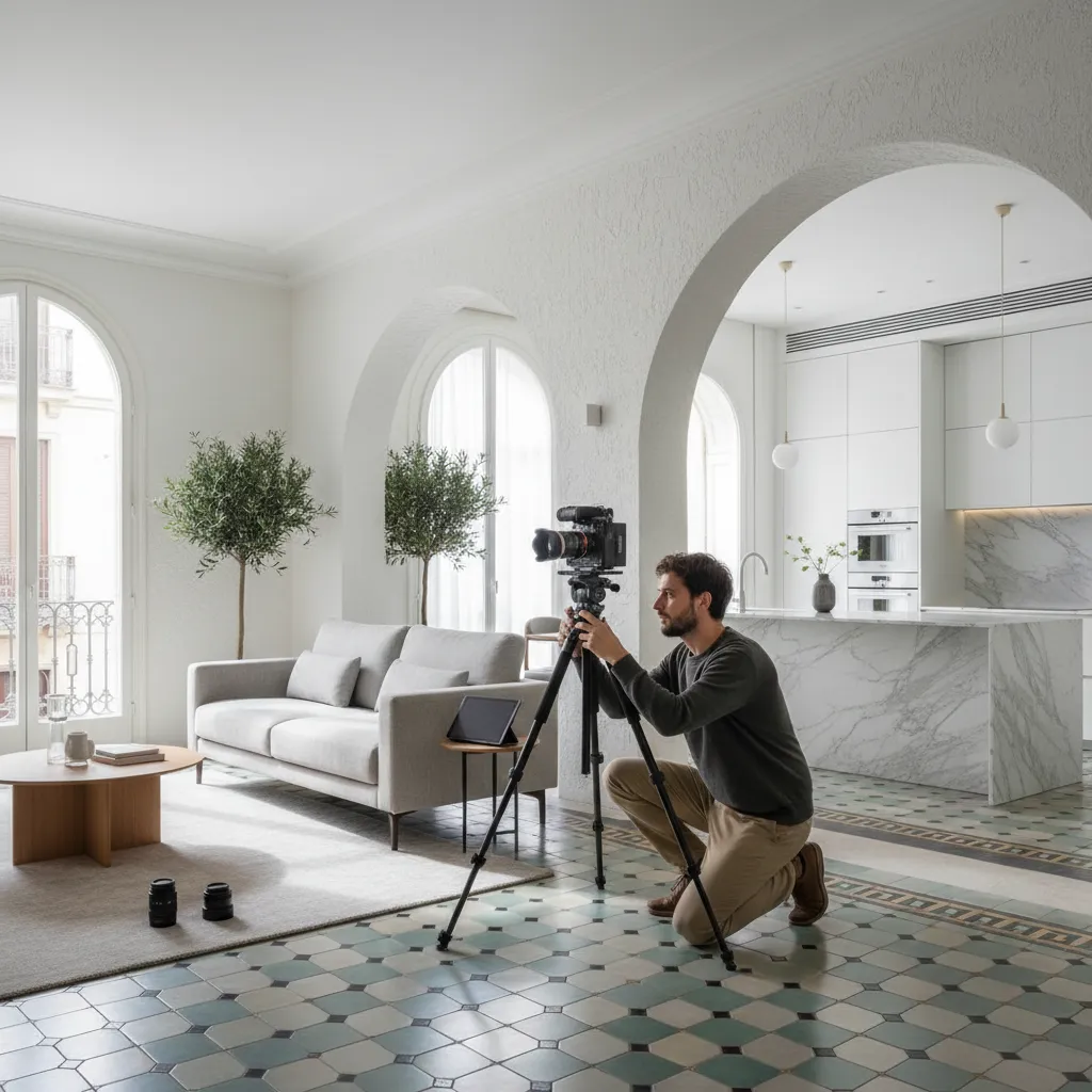 Fotógrafo profesional de interiores trabajando con trípode y cámara
