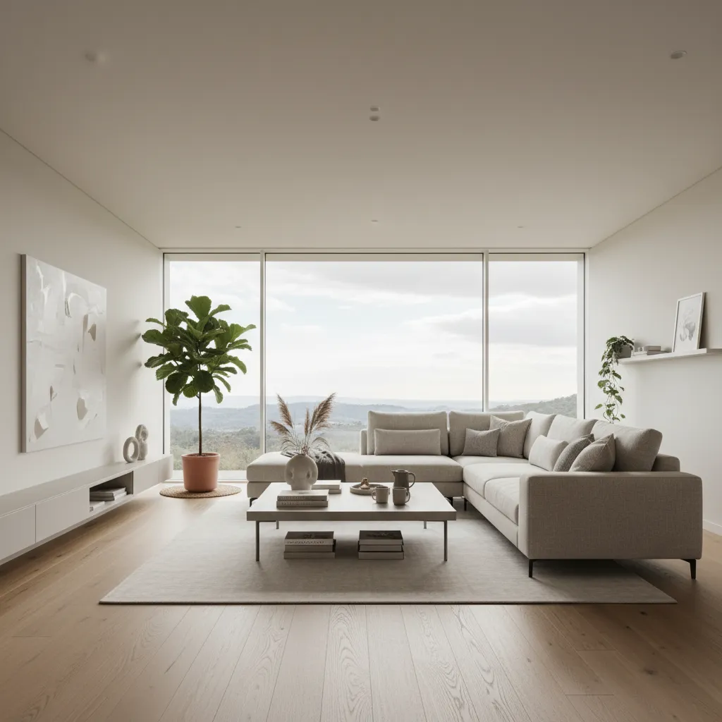 Minimalist living room with cream sofa coffee table large plant wood floor and big windows