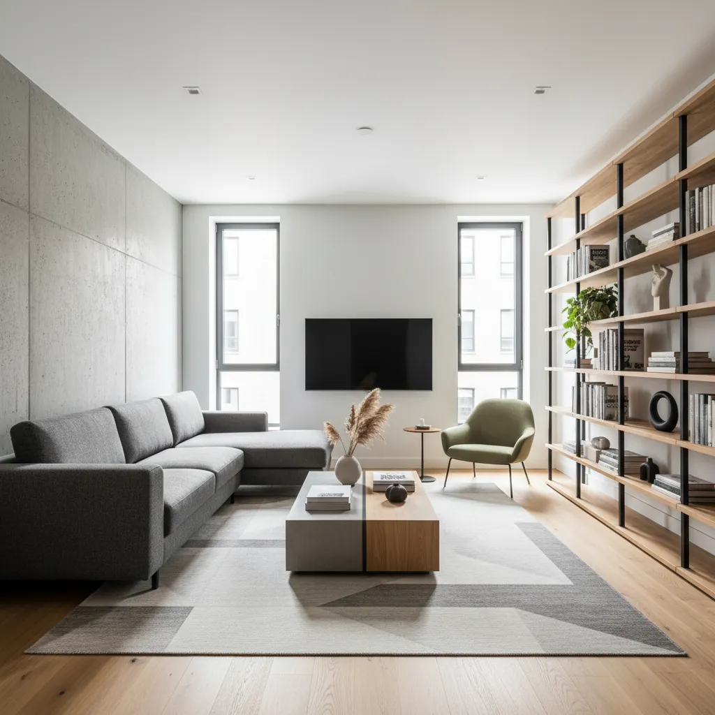 Vista amplia de un salón bien distribuido con sofá, mesa de centro y estanterías