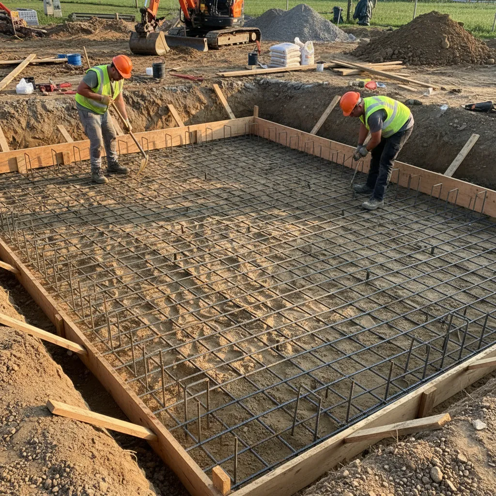 House foundation trench and soil preparation before residential construction