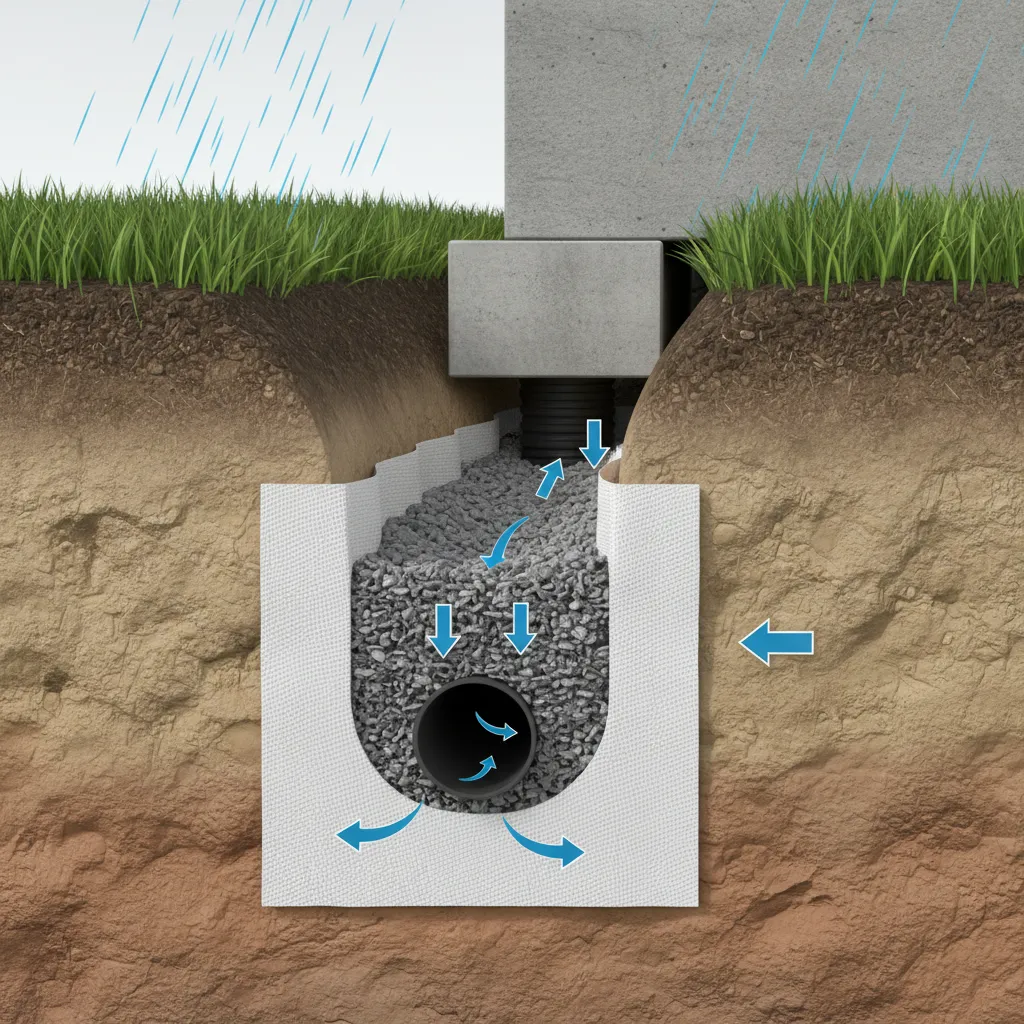 Foundation drainage system with perforated pipe and gravel trench