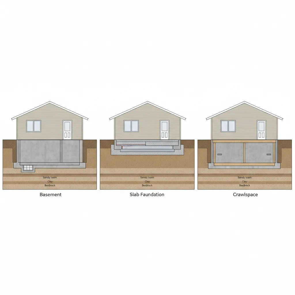 comparison diagram of basement slab and crawlspace foundations for homes
