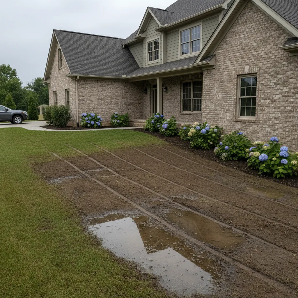 Rainwater collecting near home foundation due to poor grading