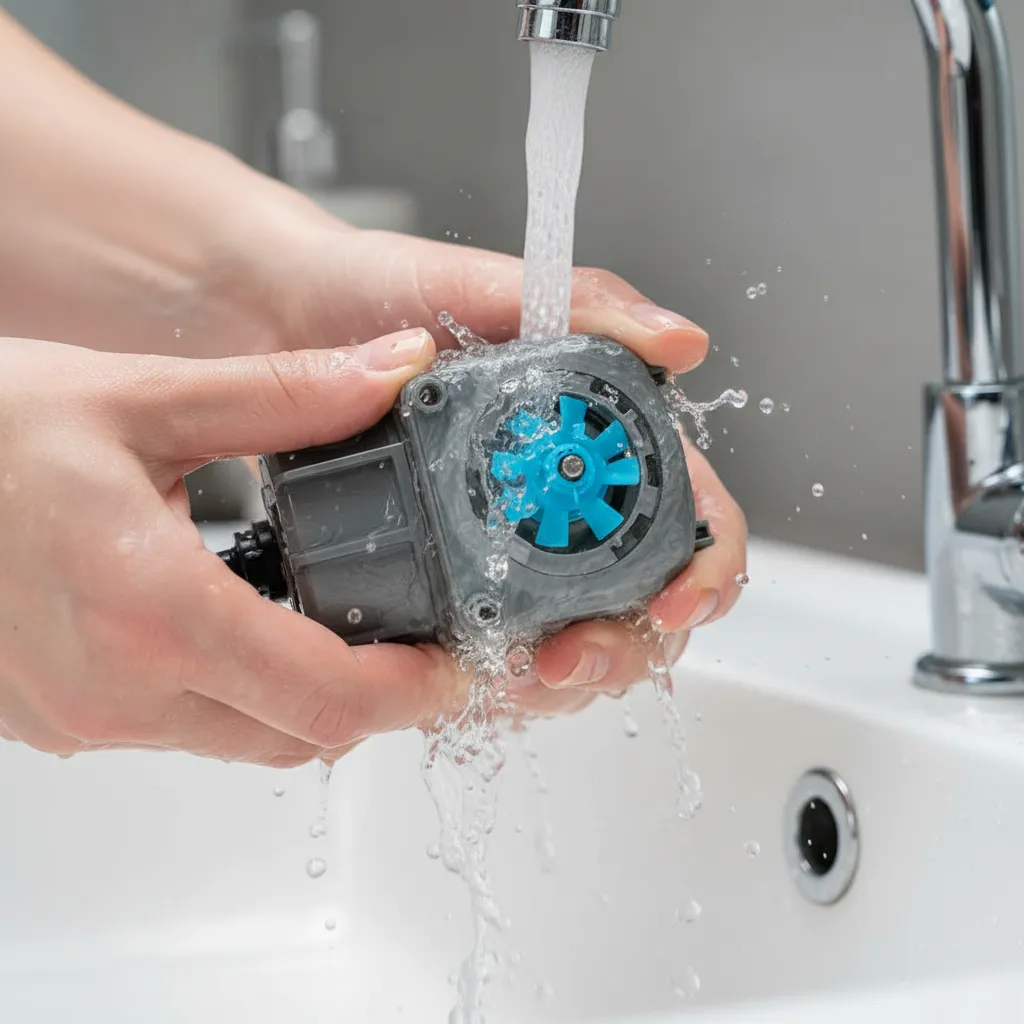 close up of indoor fountain pump being cleaned and inspected