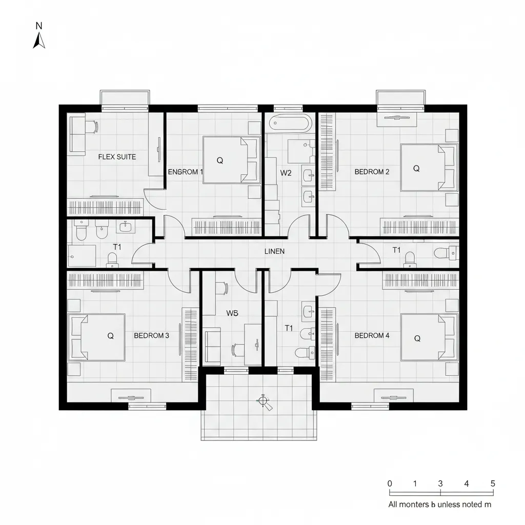 Interior design drawing of a four bedroom house layout with flex suite and central hallway