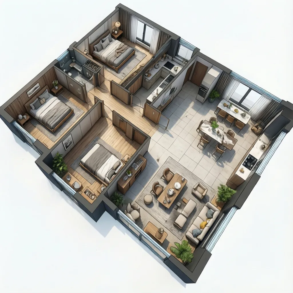 3D interior design drawing showing four bedrooms plus a modern living room and an open kitchen