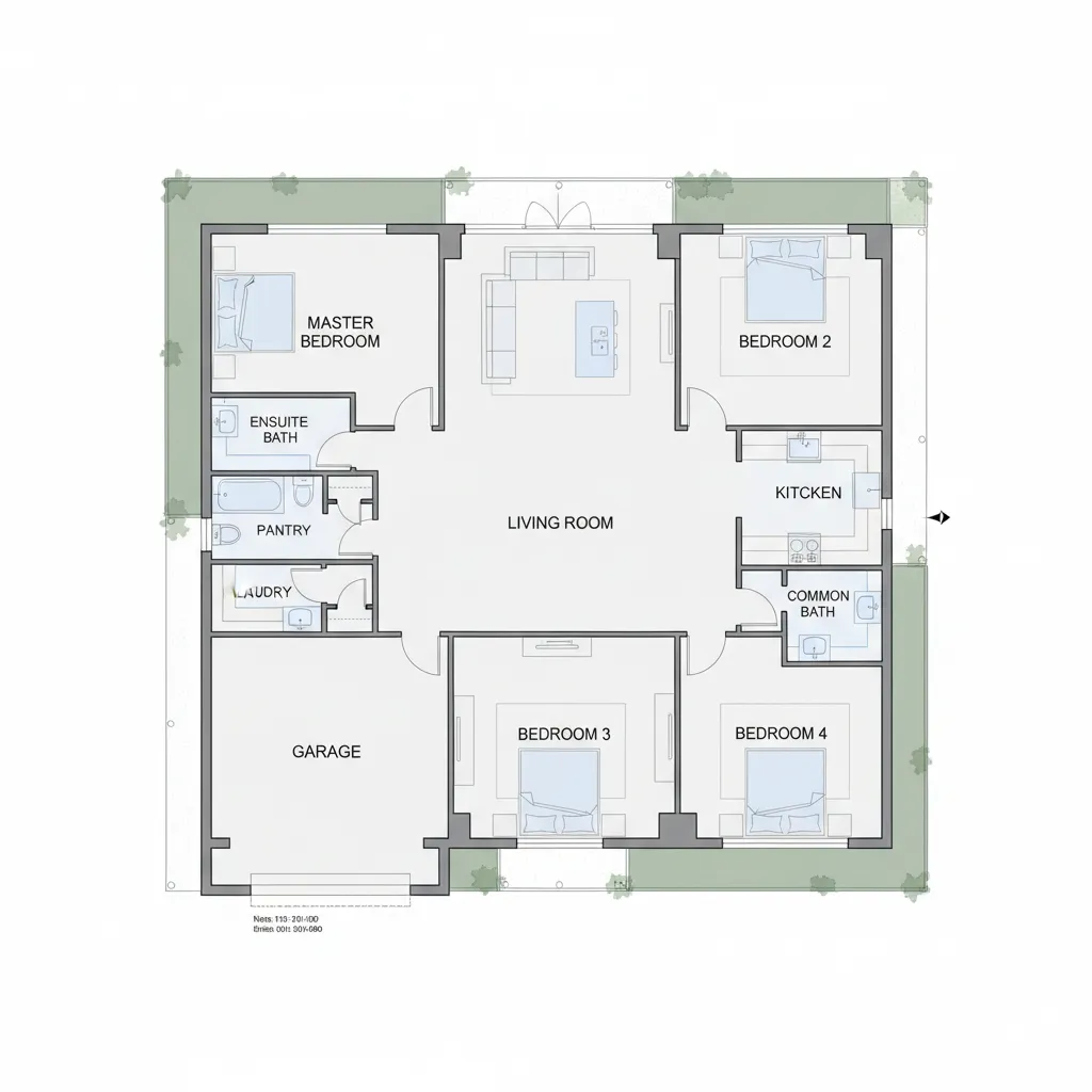 Floor plan layout for a four bedroom single story house