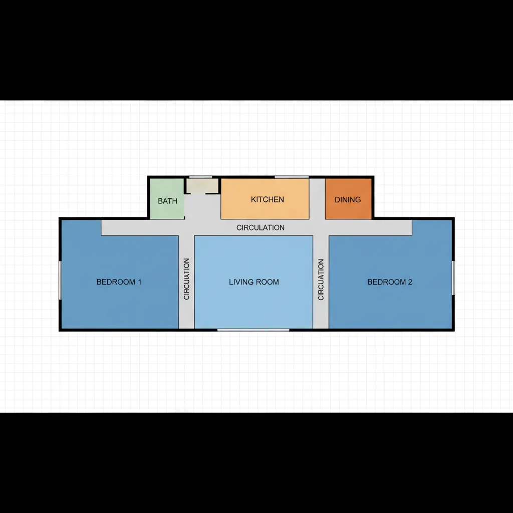 Zoning diagram showing living area, bedrooms and kitchen in a single story home