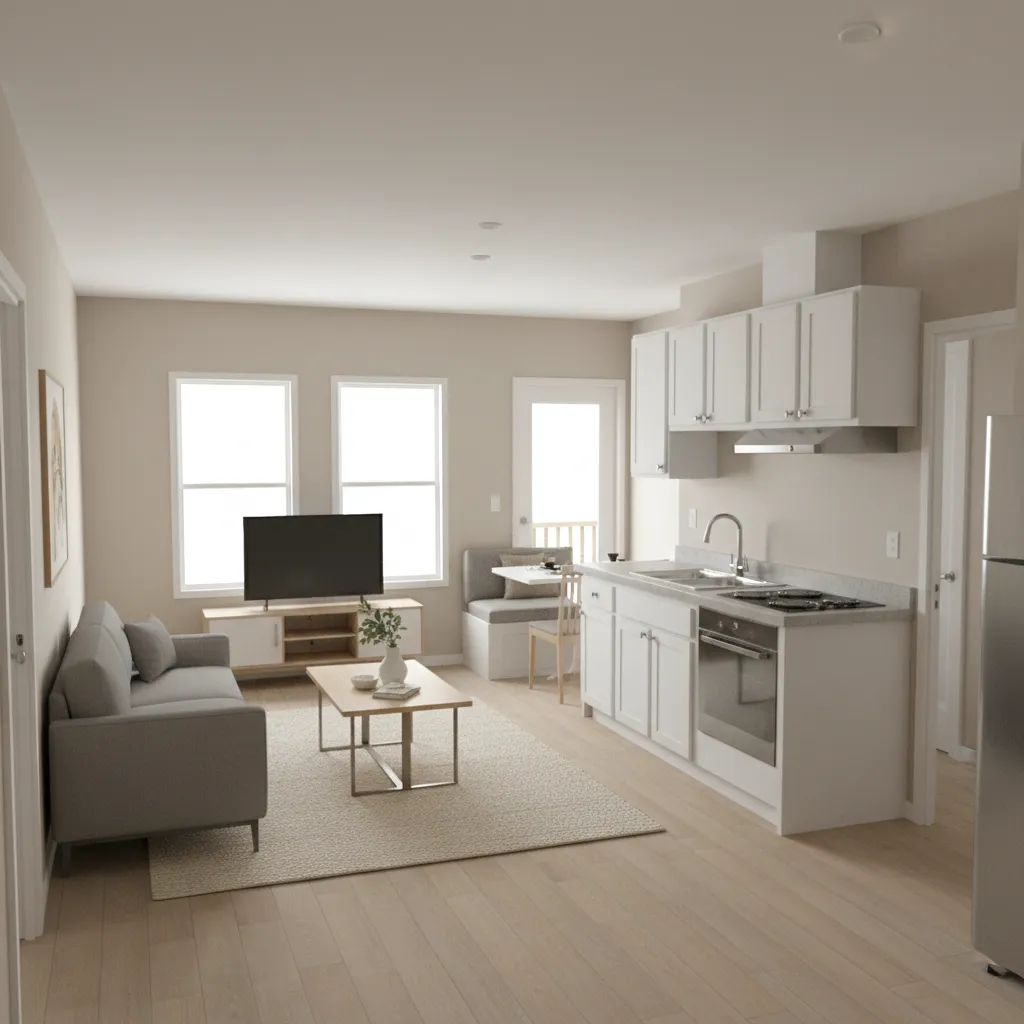 Interior view of a narrow four bedroom single wide manufactured home living area
