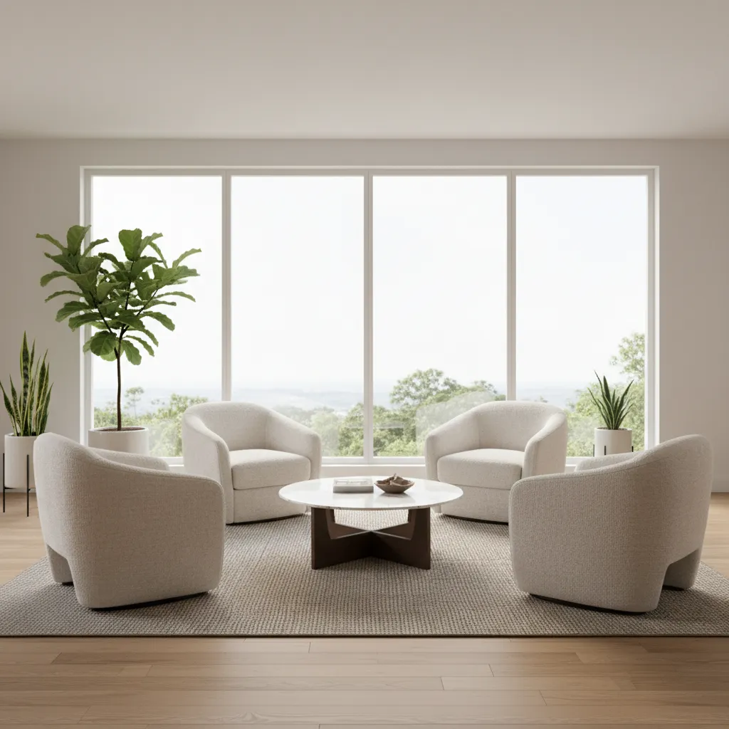 living room with four armchairs arranged around a coffee table conversation layout