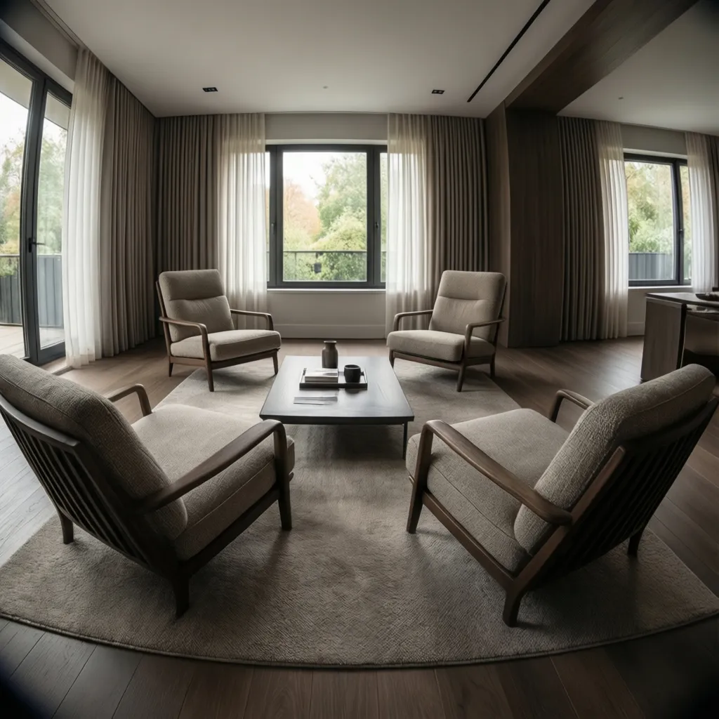 modern living room with four lounge chairs arranged around a central table