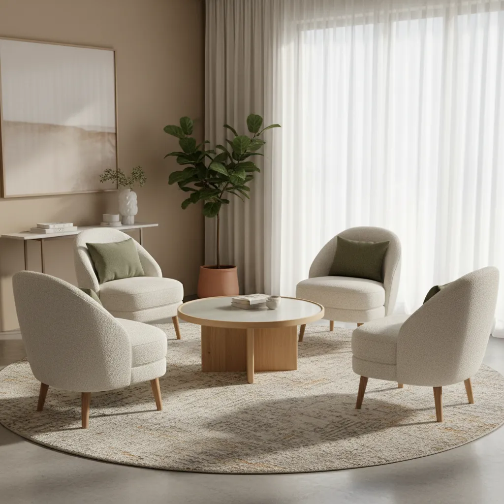 Four upholstered chairs arranged around a coffee table for conversation seating