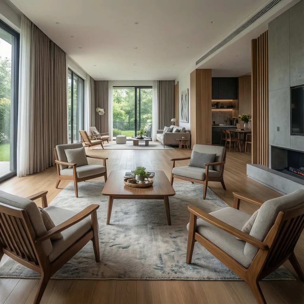 Four chair seating layout with clear walking path behind chairs in a living room
