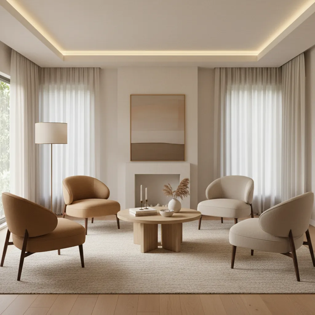 Four chairs arranged on a large rug around a coffee table creating a balanced seating area