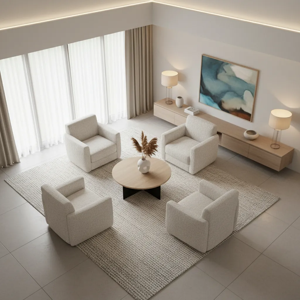 four chair living room layout anchored by large rug and coffee table