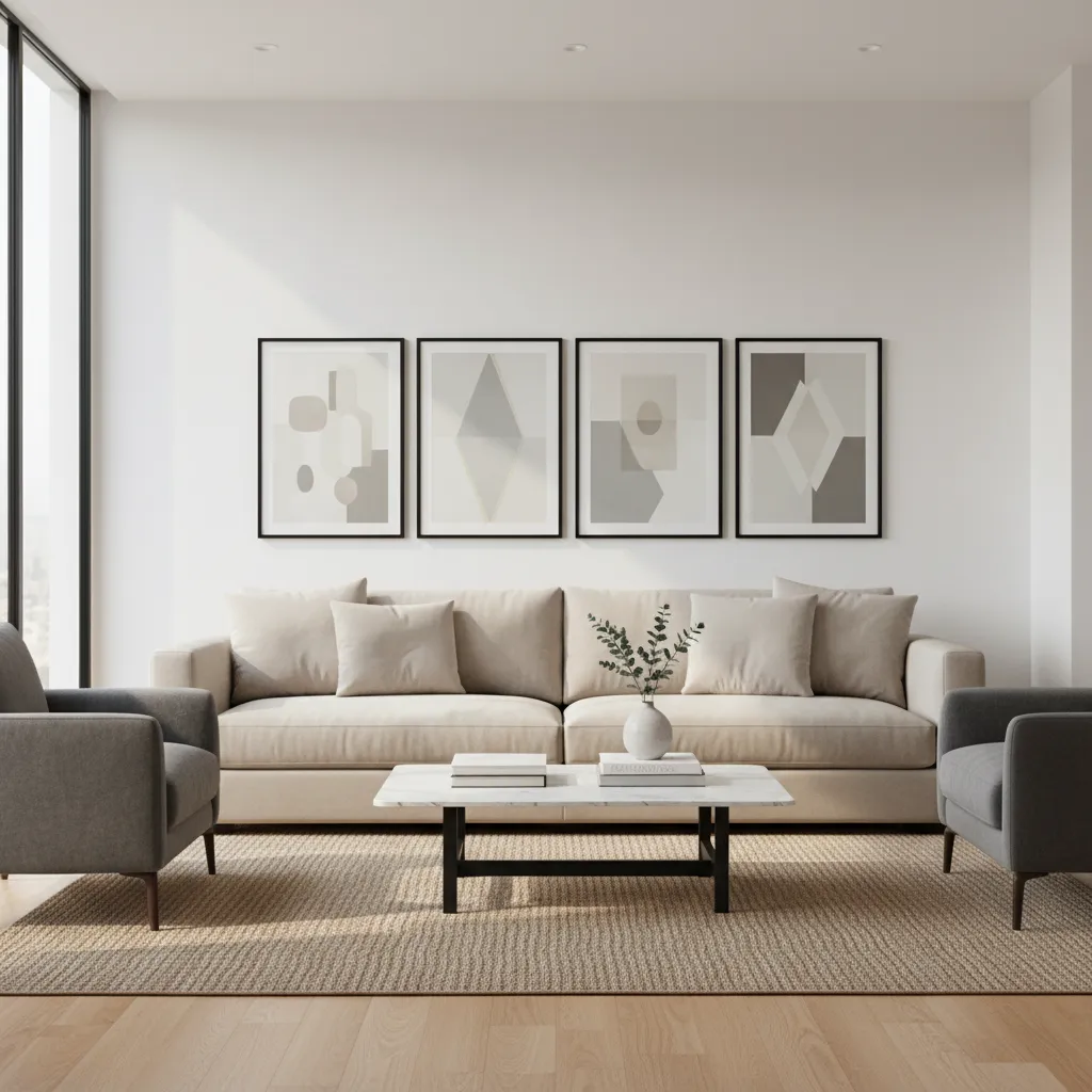 Four picture frames balanced above a living room sofa demonstrating designer spacing