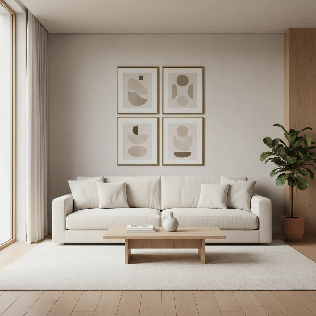 living room wall with four picture frame placeholders showing layout planning