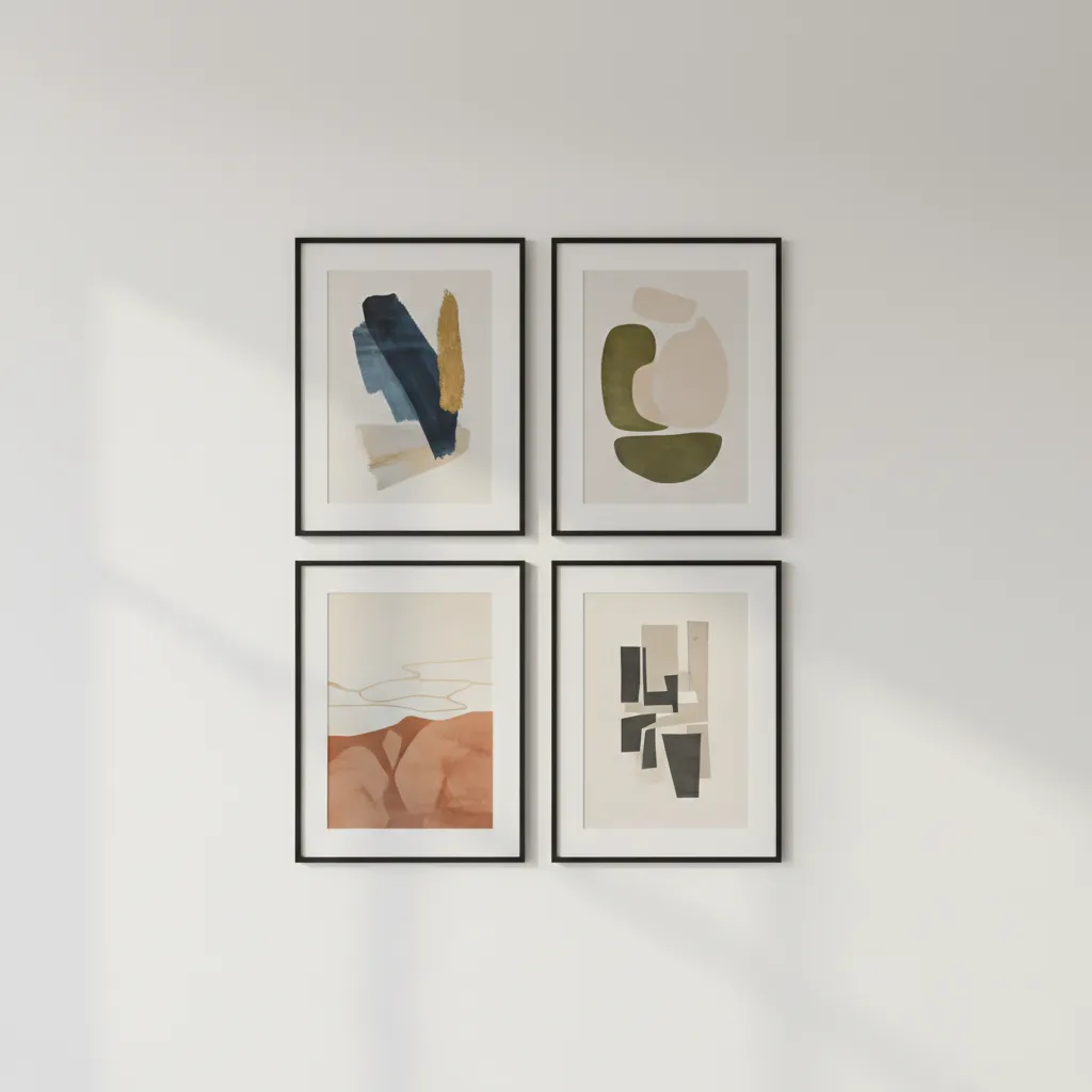 Four picture frames arranged in symmetrical grid gallery wall layout