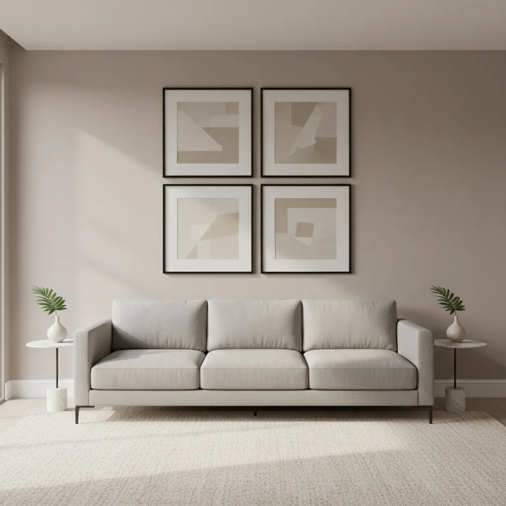 example of four picture frames arranged evenly on a living room wall