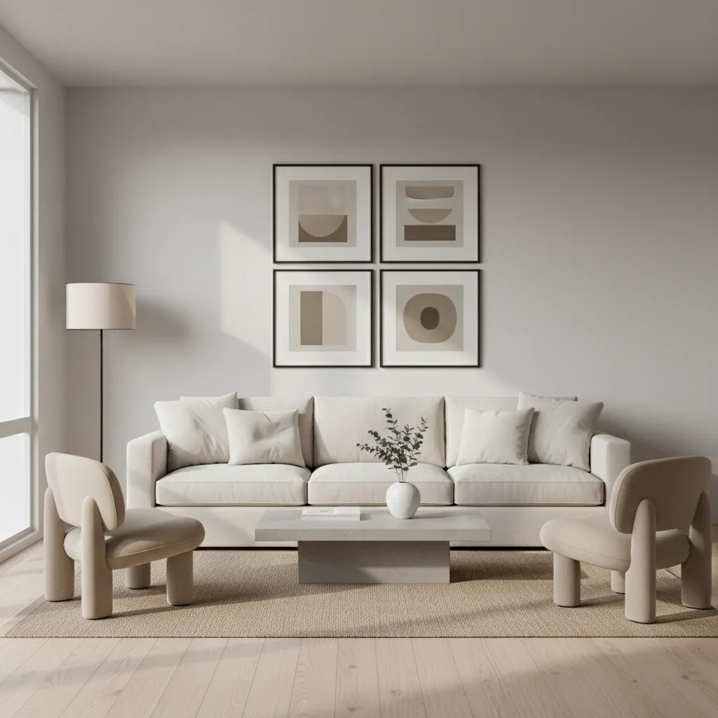 Four picture frames arranged above a living room sofa