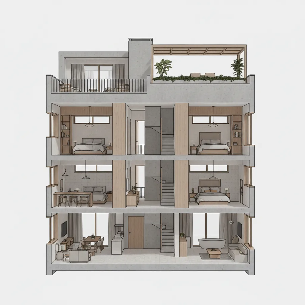 Sección arquitectónica mostrando distribución de una casa de cuatro pisos