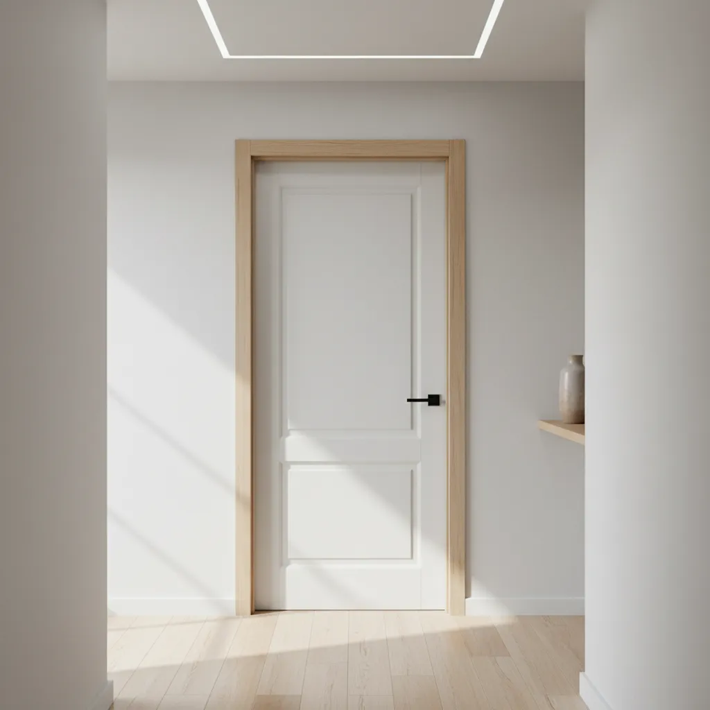 White panel door with light wood frame and black handle in a bright modern hallway