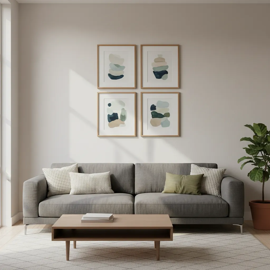 Symmetrical 2x2 grid layout using four 8x10 picture frames on a wall