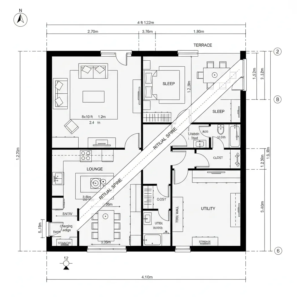 Interior design drawing showing a square apartment floor plan divided by a diagonal central path