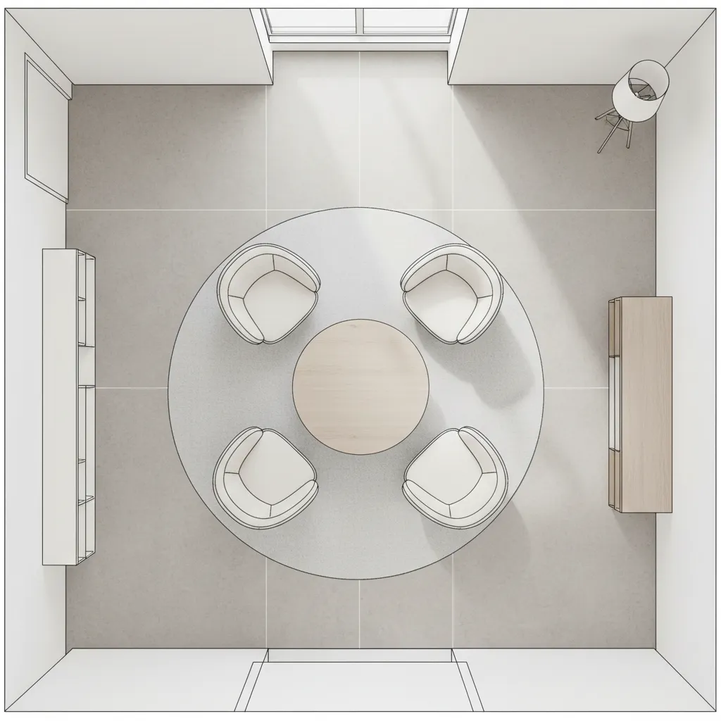 Top down interior design drawing showing room layout with a round table and four chairs