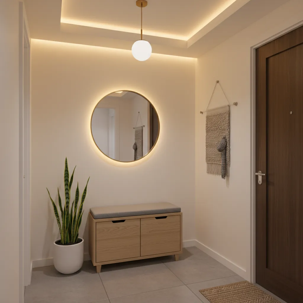 Area foyer kecil dengan rak sepatu dan cermin dinding