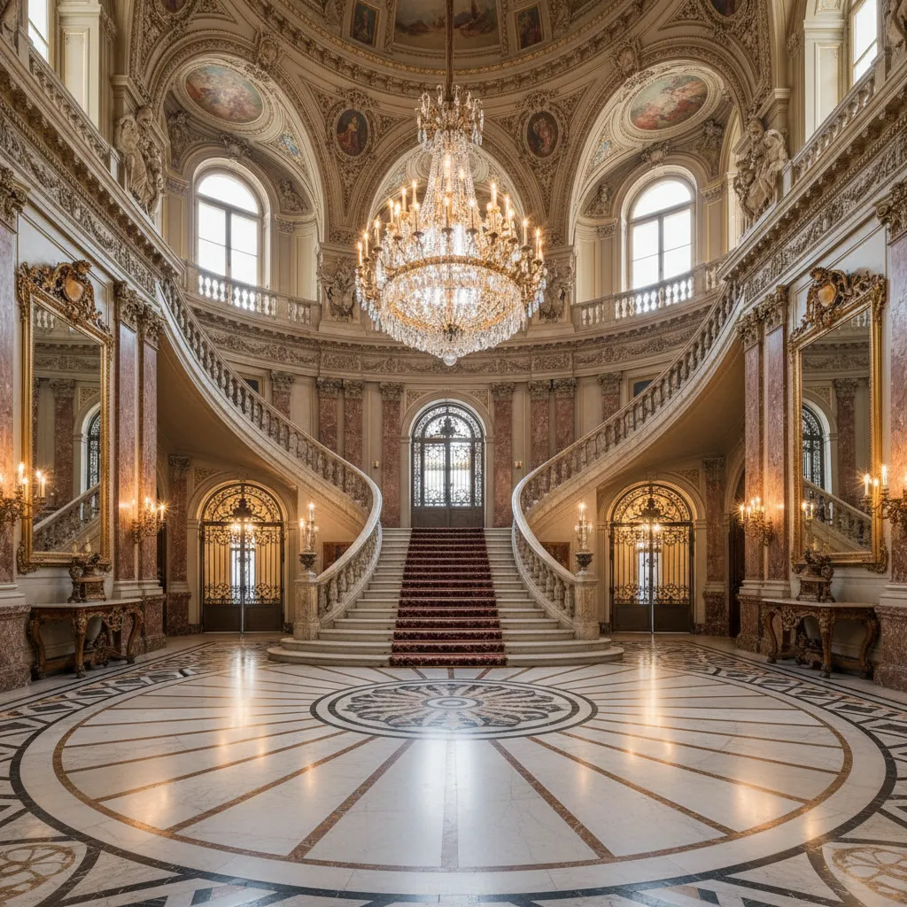 Large entrance hall with marble floor curved stairs and a grand crystal ceiling light center