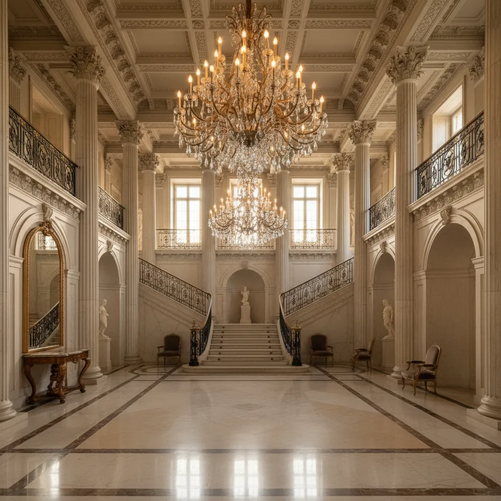 Elegant entry hall featuring marble floors white columns twin staircases and large crystal ceiling lights