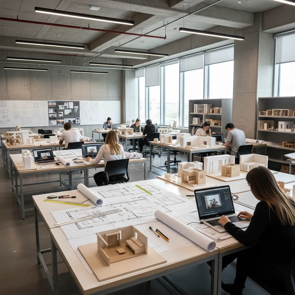 People working on floor plans and house models with laptops in a bright design office