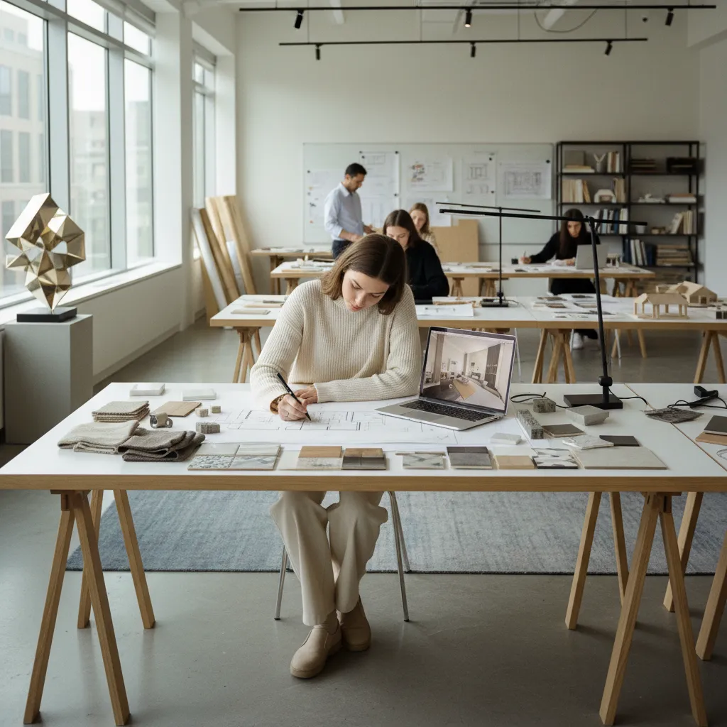 Young woman drawing a floor plan on a large desk with laptop and material samples