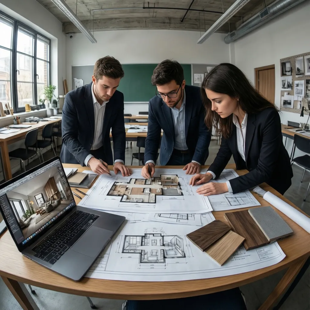 Designers reviewing room layout drawings on table with laptop and several different wood material samples