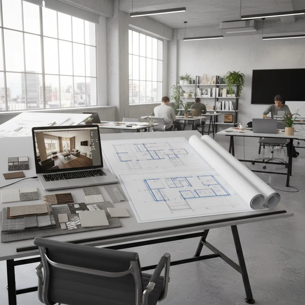 Interior design workspace with laptop showing interior design drawing floor plans and various material samples
