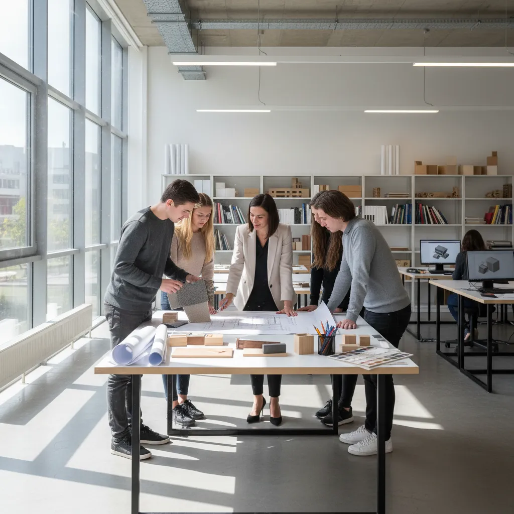 Estudiantes aprendiendo diseño de interiores con planos y materiales