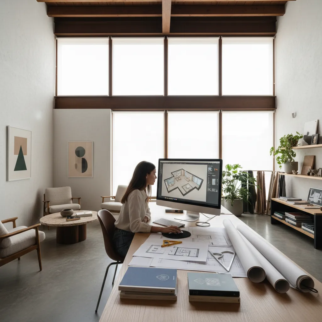 Woman at desk working on interior design drawing using computer screen and paper floor plans