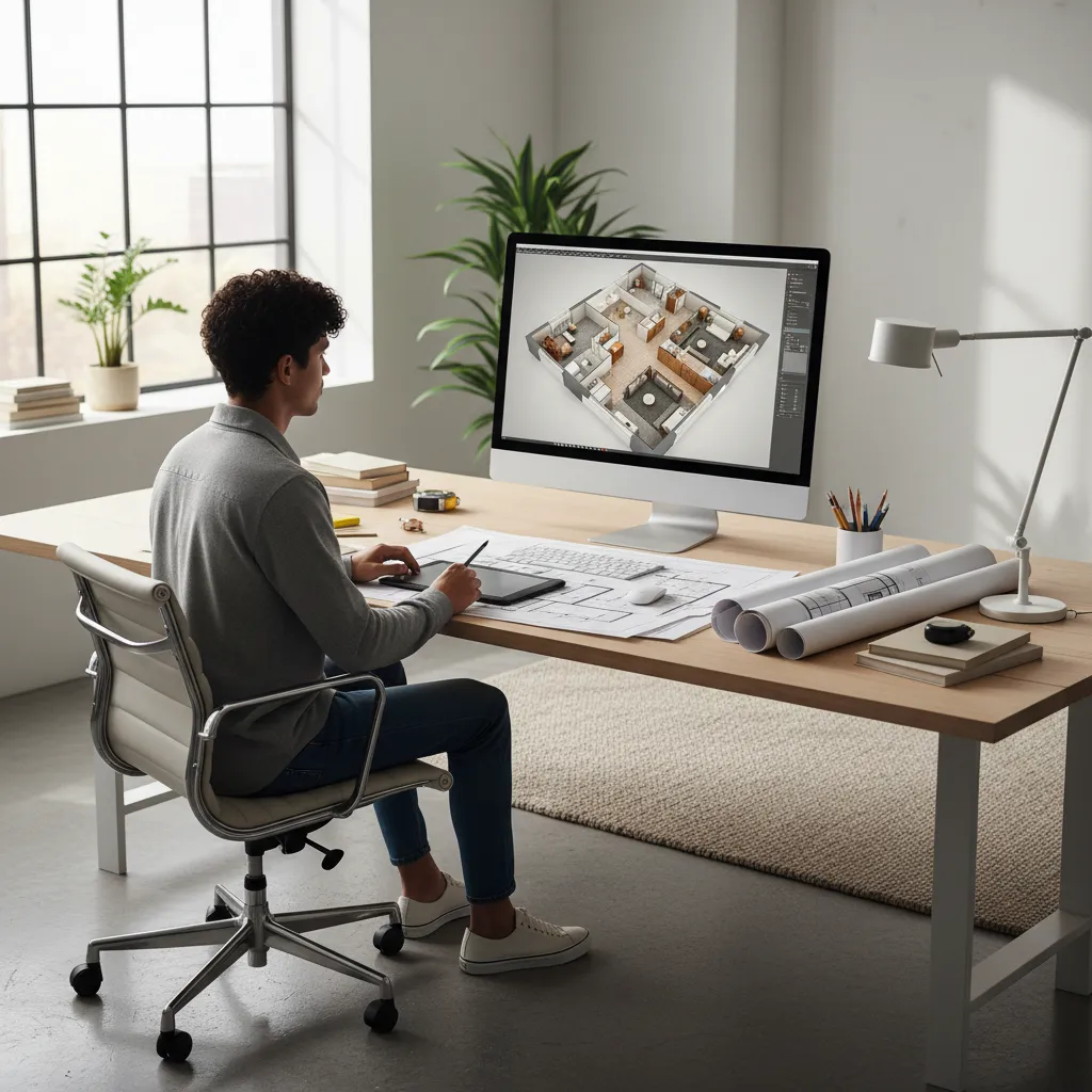 Estudiante trabajando en un plano 3D de una vivienda en un ordenador