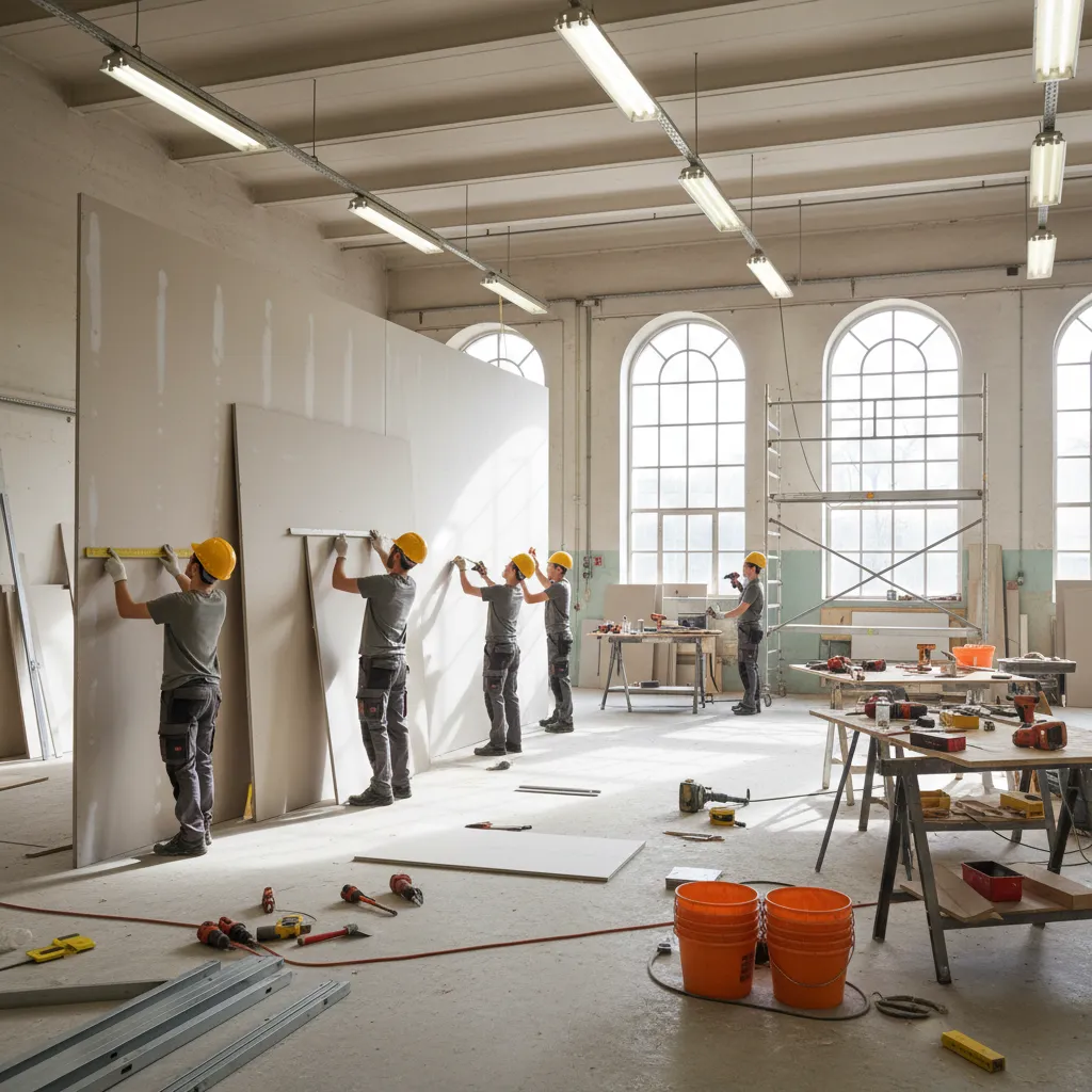 Taller de formación profesional con estudiantes practicando tabiquería seca