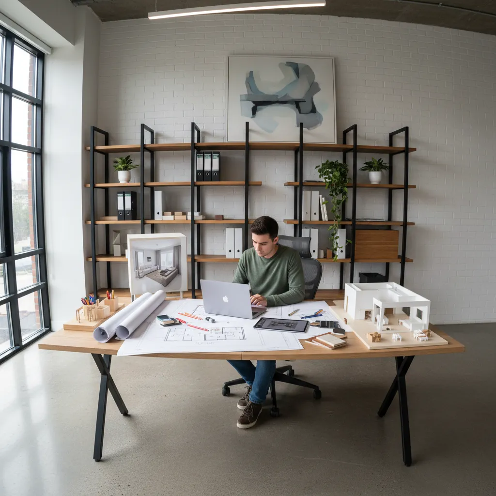 Designer at wooden desk with laptop floor plans house model and large white wall shelves