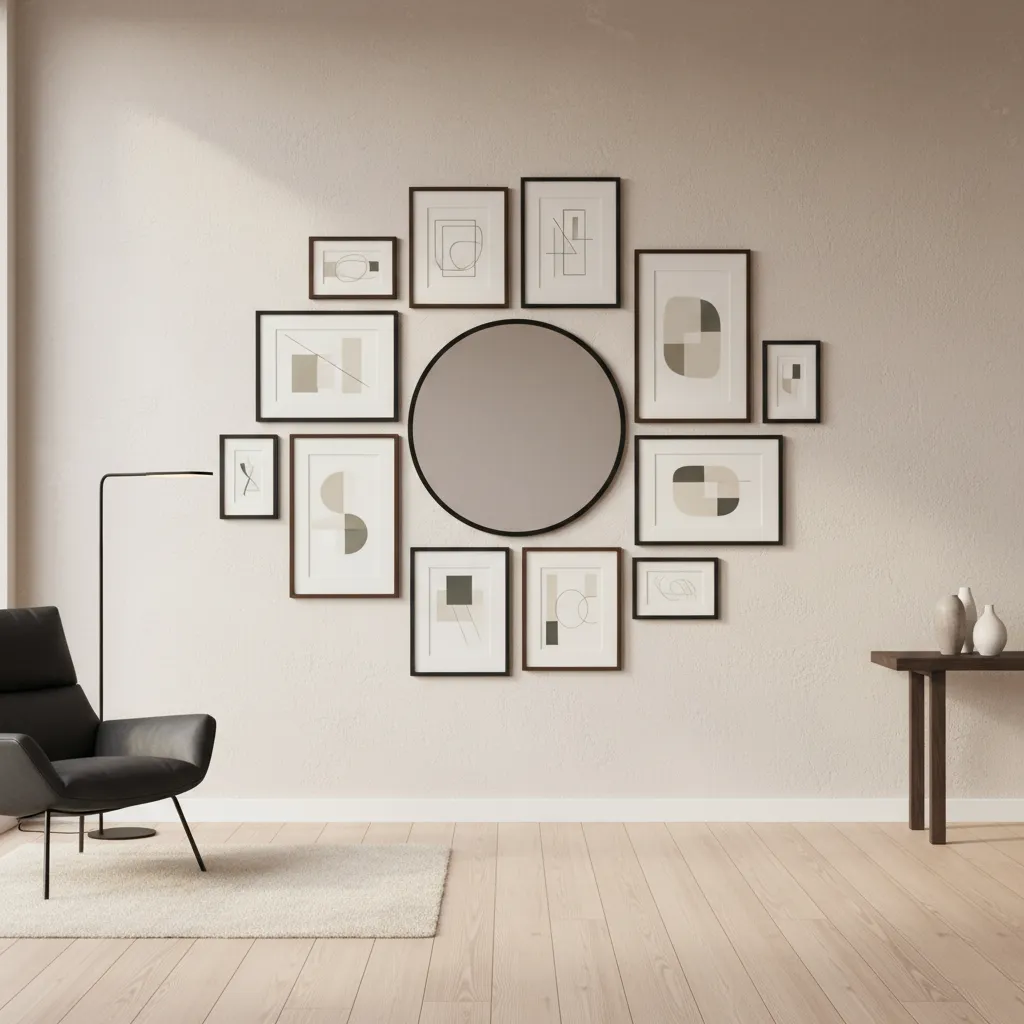 mix of rectangular frames balanced around a round mirror