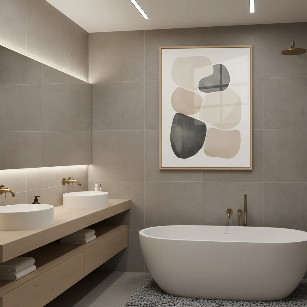 framed acrylic painting with protective glazing in bathroom